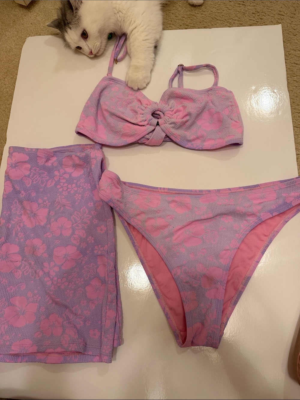 Lavender & Pink Floral Bikini Set with Matching Cover-Up